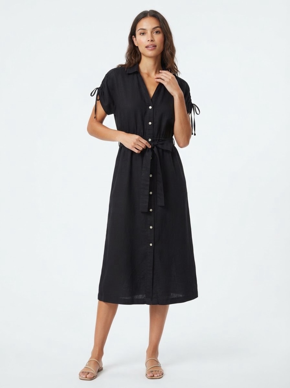 Time and Tru Black Button-Front Midi Shirt Dress with Tie Waist